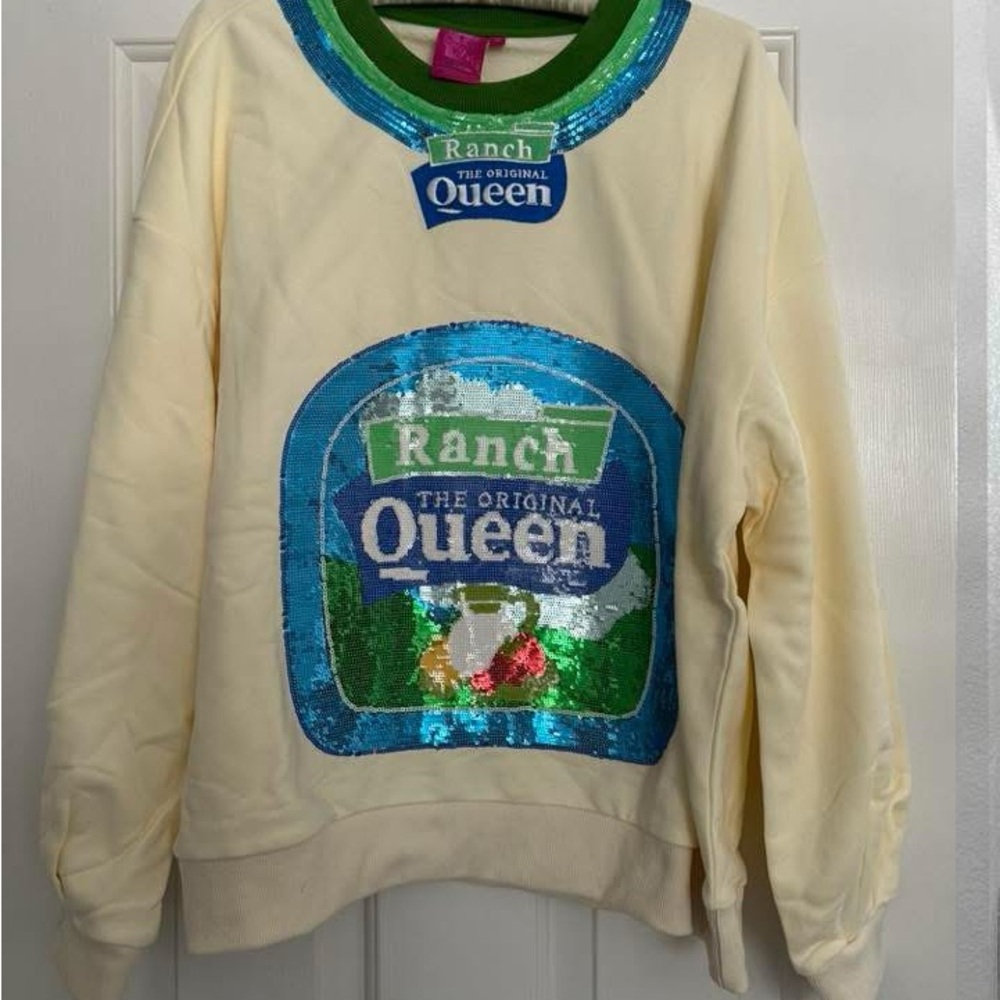 Blue and Cream Crew Neck Sweater with Ranch Graphic